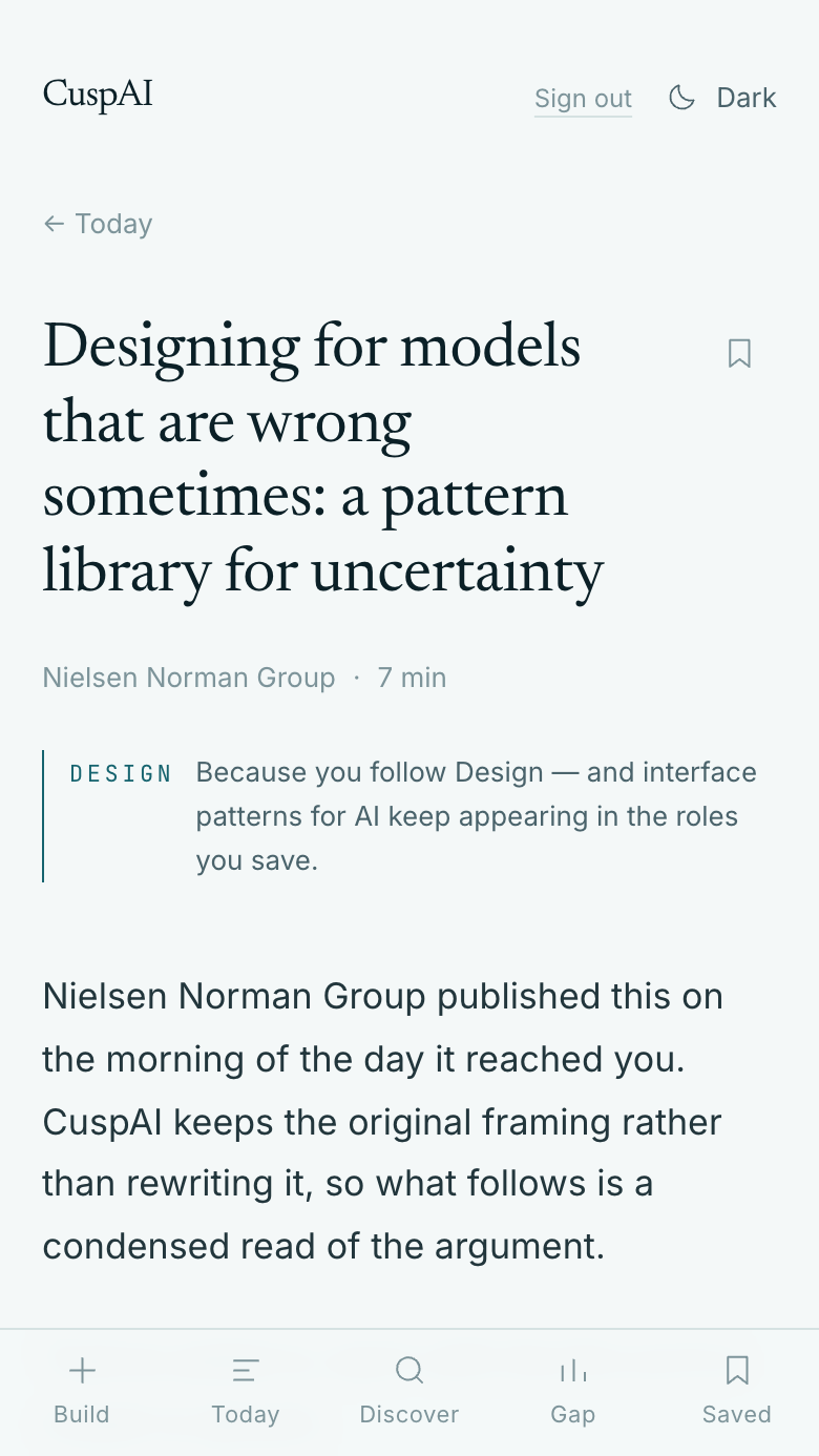 A single CuspAI item opened: headline, source, read time, the reason it surfaced, then a condensed read.
