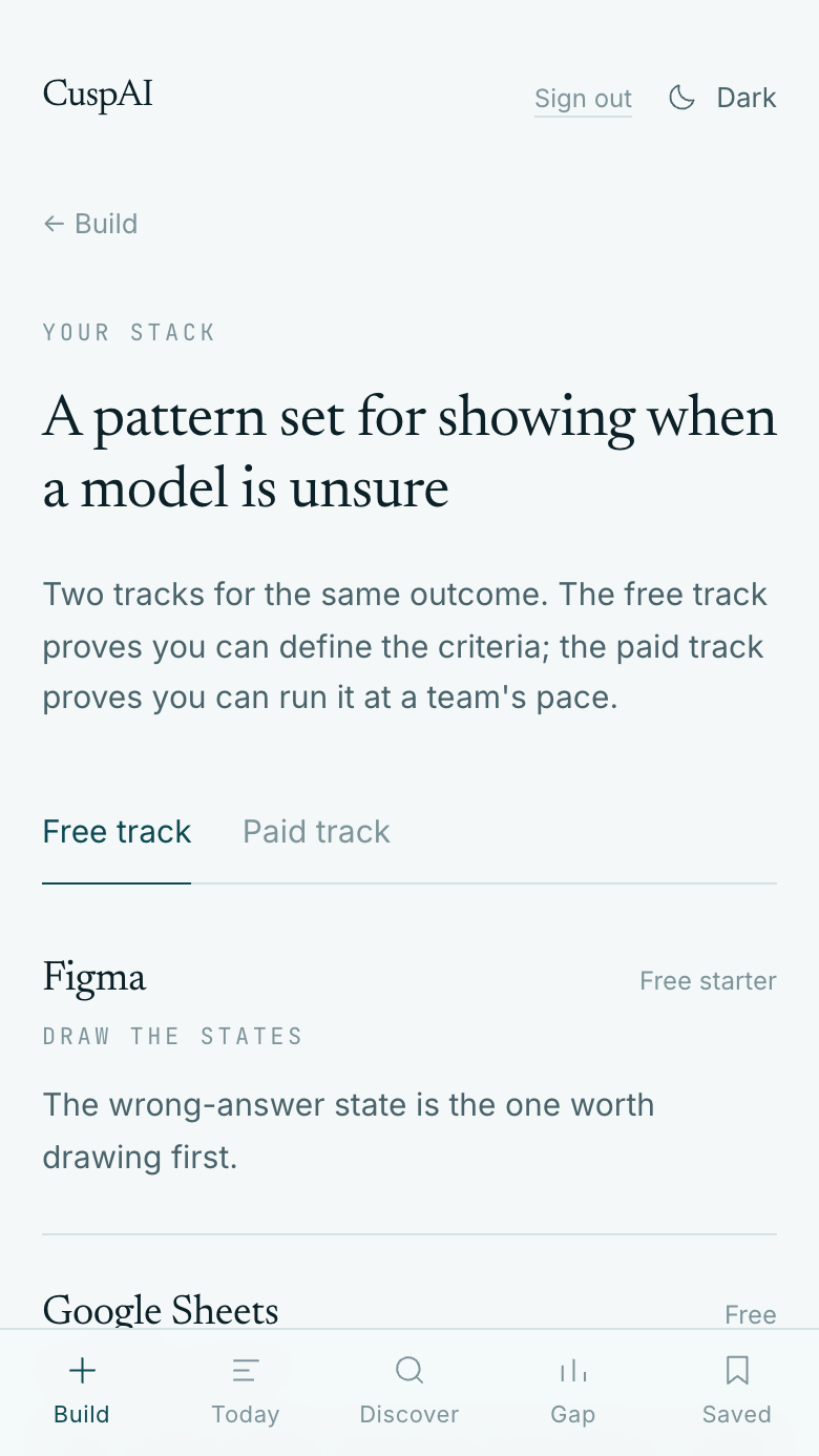 A CuspAI stack: free and paid tracks, each tool showing its role, its cost and why it was chosen.